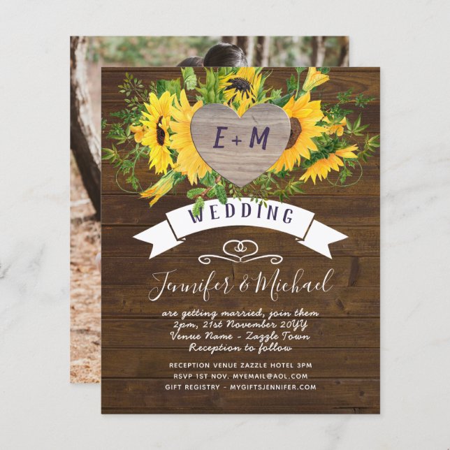 Casamento Rustic Heart PHOTO Sunflower Woodland (Frente/Verso)