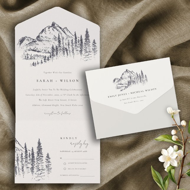 Casamento Rustic Marinho Pine Woods Mountain Sketc (Criador carregado)