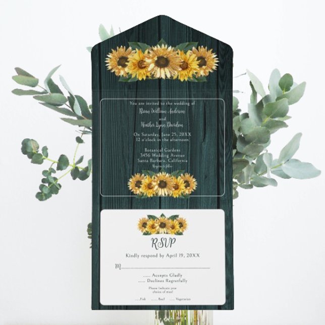 Casamento Rustic Teal Sunflower (Rustic Teal Sunflower Wedding All in One Invitation)