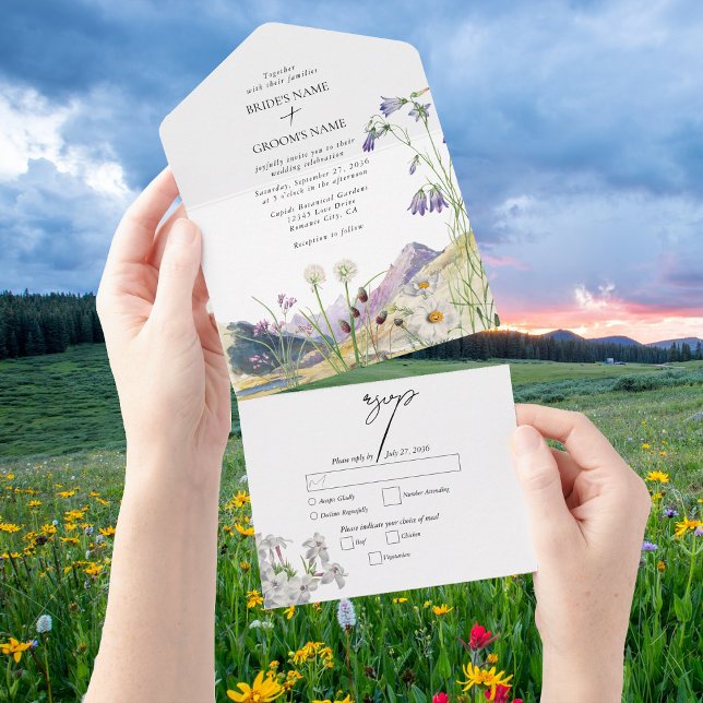 Casamento Rustic Watercolor Wildflower Mountain (Rustic Watercolor Wildflower Mountain Wedding All In One Invitation)