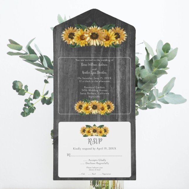 Casamento Rustic Weathered Sunflower (Rustic Weathered Sunflower Wedding All in One Invitation)