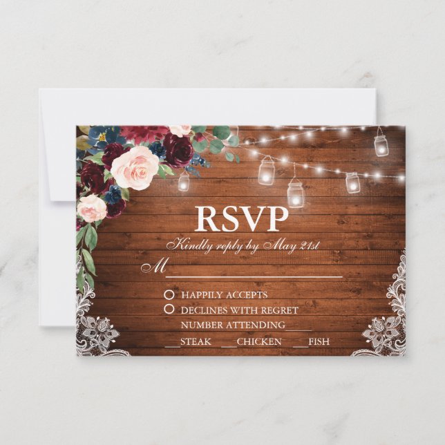 Casamento Rustic Wood Burgundy Blue Floral RSVP Me (Frente)