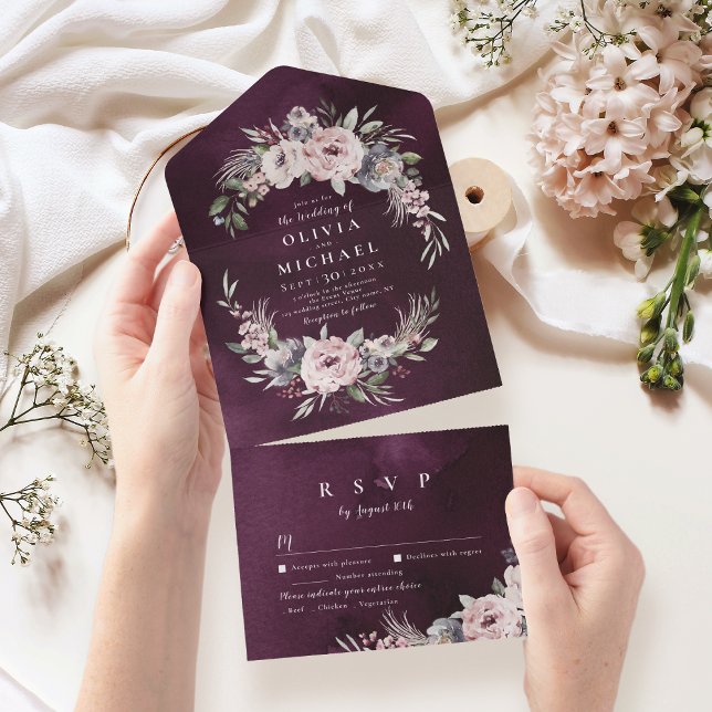 Casamento rústico floral com cor rosa púrpura (Purple pink watercolor floral rustic boho wedding all in one invitation)
