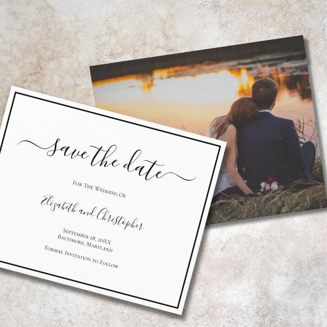 Casamento Salve A Data Elegante Cartão com fotos F (Script Calligraphy Elegant Wedding Photo Save the Date card. Two sided.)