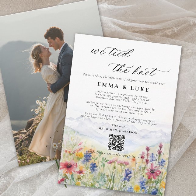 Casamento Secreto Fotografia de Montanha Anúncio d (elopement wedding announcement card qr code mountain wildflowers meadow watercolor photo qr)