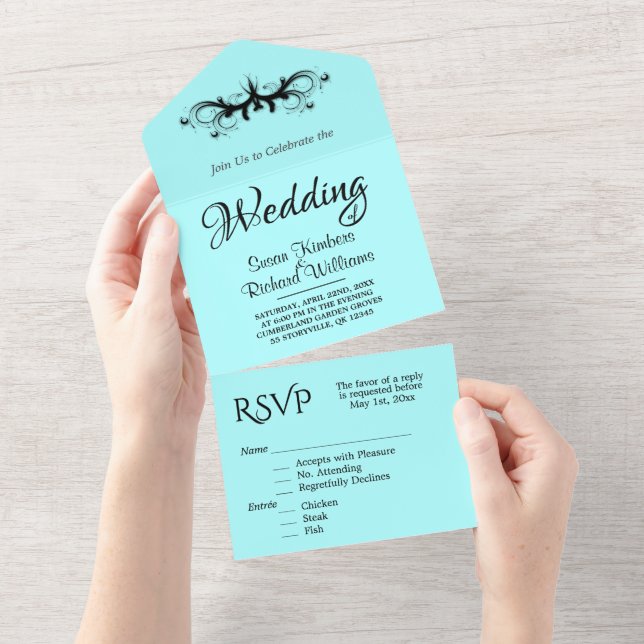 Casamento Simples Aqua e Black Tri Fold w Rsvp (Tearaway)