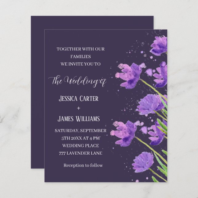 Casamento Simples Elegante De Aquarela Floral Roxa (Frente/Verso)