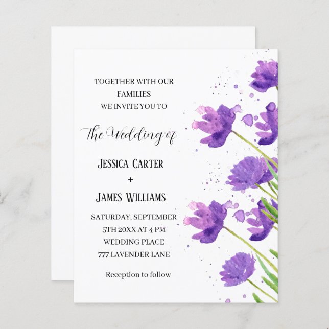 Casamento Simples Elegante De Aquarela Floral Roxa (Frente/Verso)