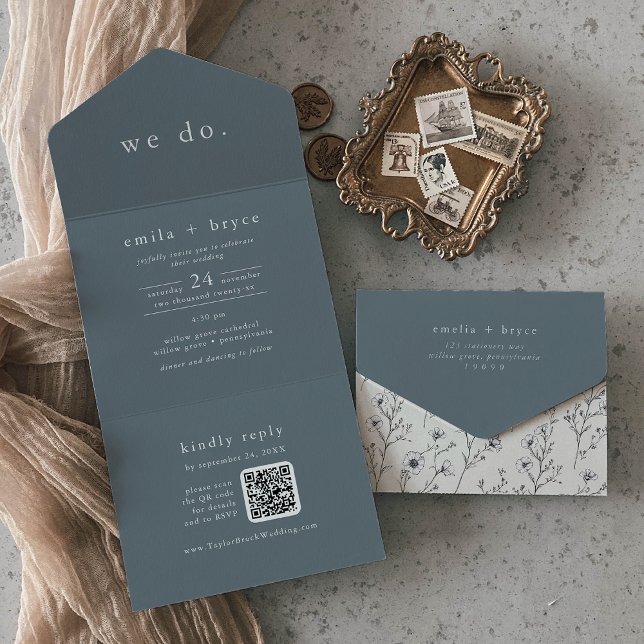 Casamento Simples Mínimo Simples de Código de Códi (EMELIA QR Code Navy Floral Minimal Simple Wedding All In One Invitation)