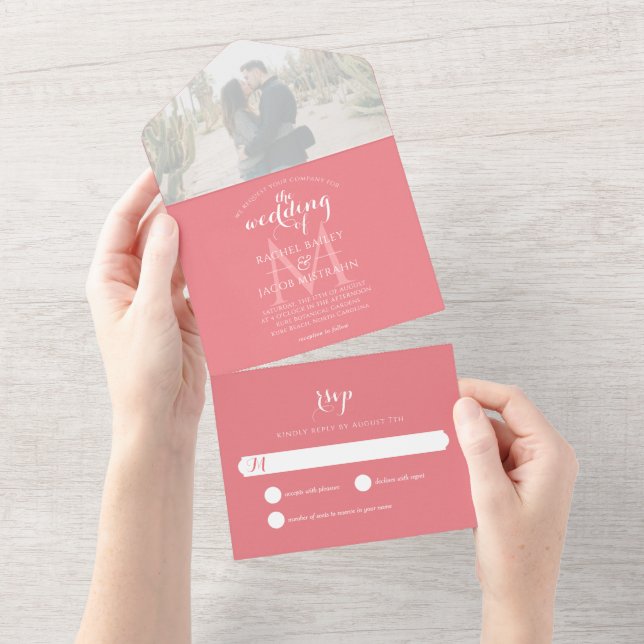 Casamento Simples Monograma de Salmão Coral (Aba destacável)