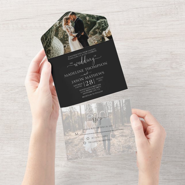 Casamento Simples Preto e Branco 2 Fotos RSVP (Aba destacável)