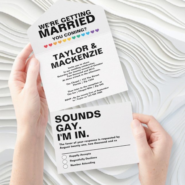 Casamento Soa Gay Divertido Orgulho Arco-Íris (Wedding Sounds Gay Fun Rainbow Pride All In One Invitation by Ricaso. Invite, envelope, RSVP all in)
