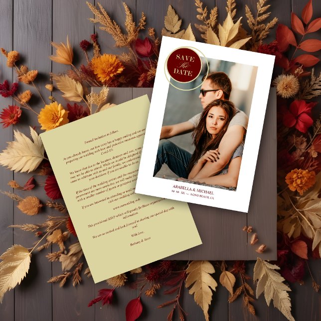 Casamento sofisticado de Foto Dourada Vermelha Chi (Elegant Chic Red Gold Photo Sophisticated Wedding Save the date.)