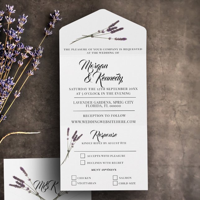 Casamento Sprig RSVP de Lavanda Floral Simples (A lovely lavender all in one wedding invitation with attached RSVP waiting for your wedding details)