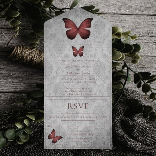 Casamento tema damasco da Borboleta Vermelha Vinta (Red Vintage Butterfly Damask Wedding All in One Invitation)
