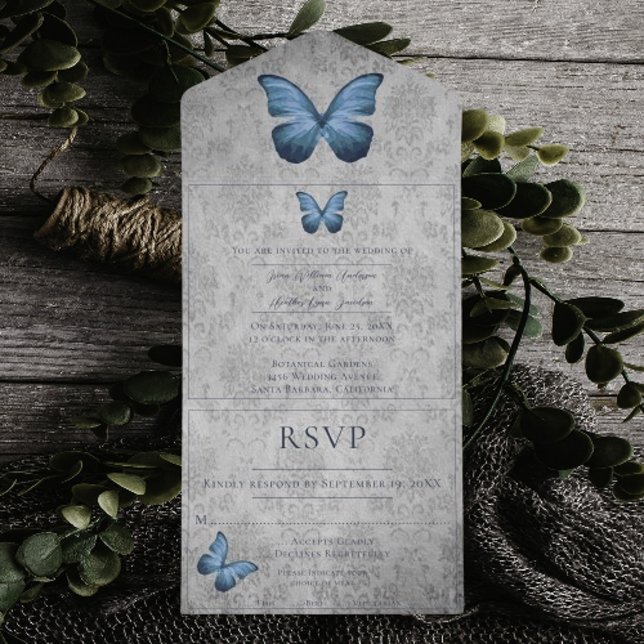 Casamento tema damasco de Borboleta Azul Vintage (Blue Vintage Butterfly Damask Wedding All in One Invitation)