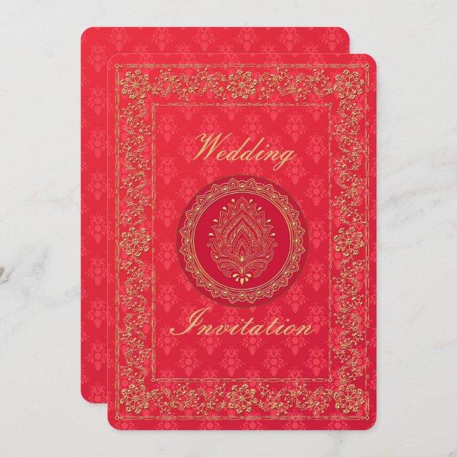 Casamento tema damasco Elegante - Cartão de Convit (Frente/Verso)