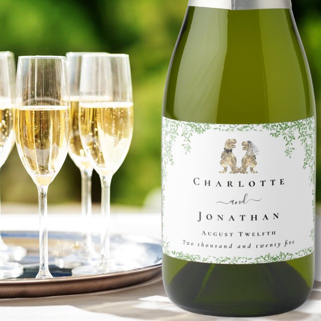 Casamento Temático de Dinossauros Personalizado (Personalized T-Rex bride and groom dinosaur wedding sparkling wine labels Watercolor foliage)