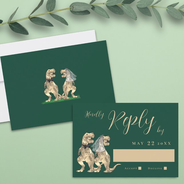 Casamento Temático de Dinossauros Resposta (T-Rex dino bride and groom dark green dinosaur wedding rsvp card elegant script)