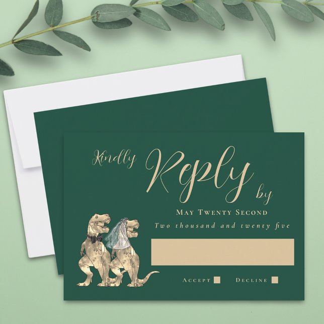 Casamento Temático de Dinossauros Resposta (Dinosaur wedding dark green invitation RSVP T-Rex dino bride and groom modern elegant script)