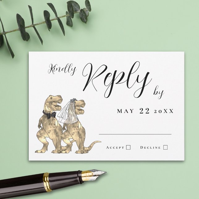 Casamento Temático de Dinossauros Resposta (T-Rex bride & groom funny dinosaur wedding RSVP card Elegant modern script simple minimalist design)