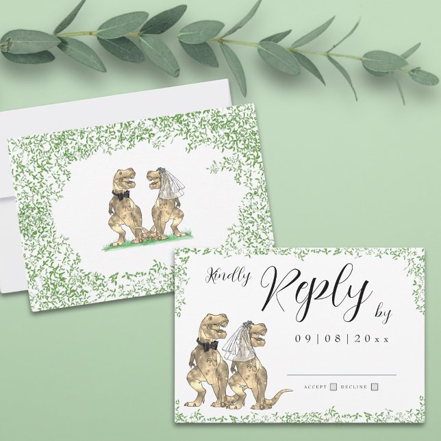 Casamento Temático de Dinossauros Resposta (Botanical dinosaur theme wedding invitation rsvp enclosure card with watercolor eucalyptus greenery )