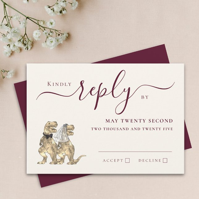 Casamento Temático de Dinossauros Resposta Borgonh (Dinosaur theme wedding burgundy cream invitation RSVP card T-Rex dino bride and groom elegant script)