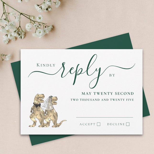 Casamento Temático de Dinossauros Resposta Verde E (Dinosaur theme dark green wedding invitation RSVP card Elegant script fun T-Rex dino bride and groom)