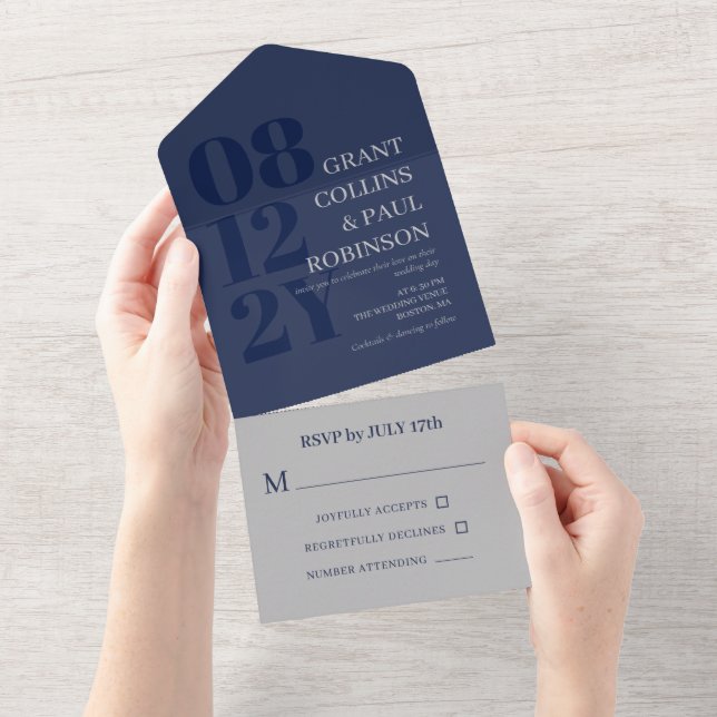 Casamento Tipografia Azul Naval Cinza Elegante (Aba destacável)