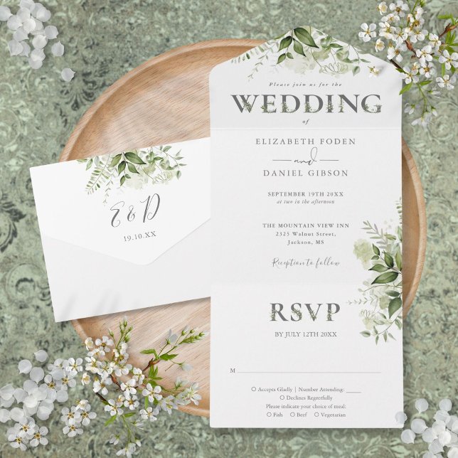 Casamento Tipografia de Vegetação Rústica Elegante (Elegant Rustic Greenery Typography Wedding All In One Invitation)