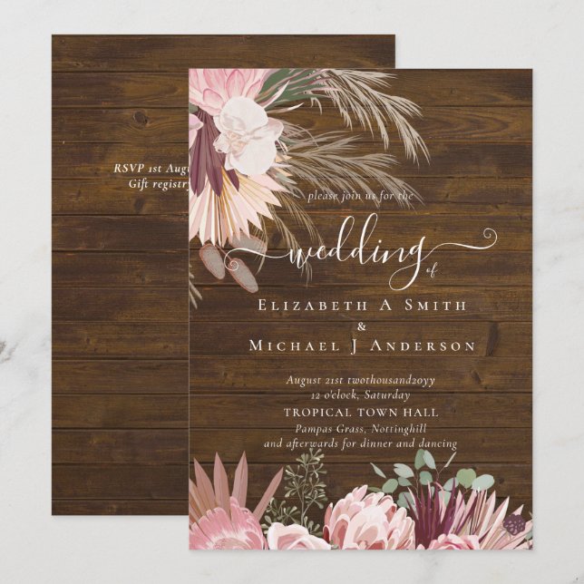 Casamento Tropical de Pampas de Vinho Burgundy (Frente/Verso)