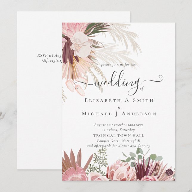 Casamento Tropical de Pampas de Vinho Burgundy (Frente/Verso)