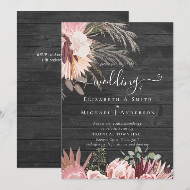 Casamento Tropical de Pampas de Vinho Burgundy (Frente/Verso)