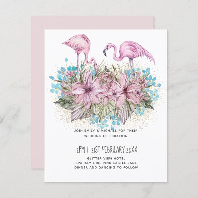 Casamento Tropical de Praia Blushing Flamingos (Frente/Verso)
