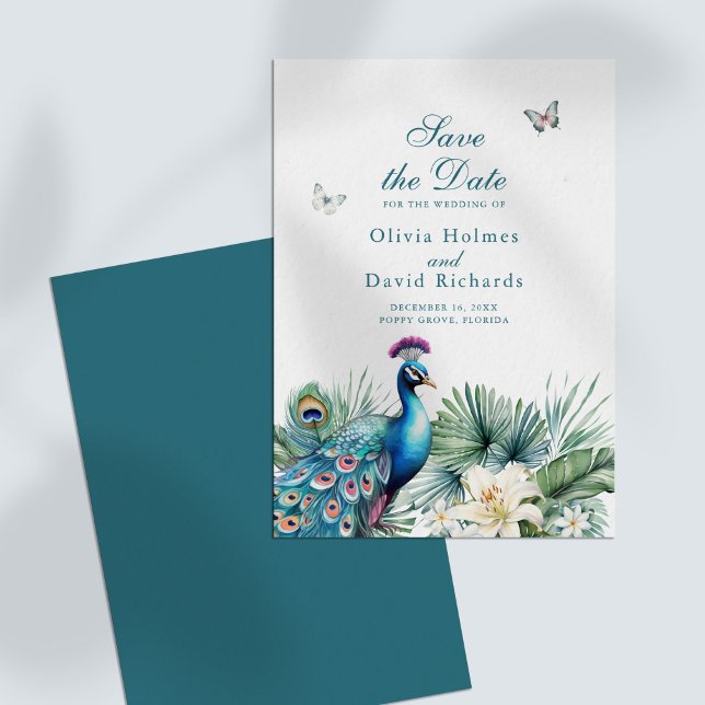 Casamento Tropical de Teal Salve o Cartão de Data (Teal Tropical Peacock Wedding Save the Date Card on a white table)