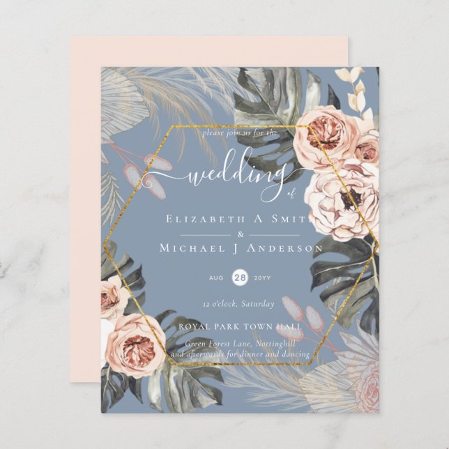 Casamento TROPICAL GRASS PAMPAS de baixo custo (Frente/Verso)