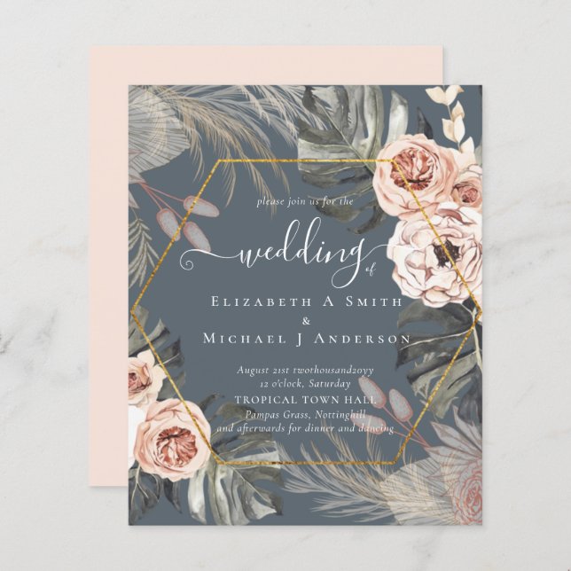 Casamento TROPICAL GRASS PAMPAS de baixo custo (Frente/Verso)