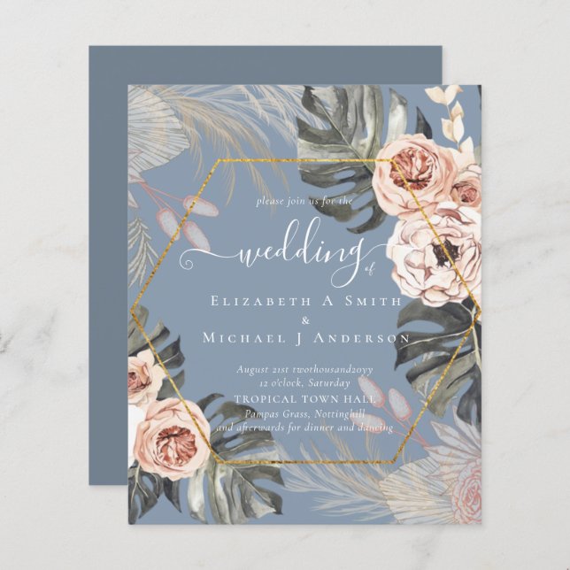 Casamento TROPICAL GRASS PAMPAS de baixo custo (Frente/Verso)