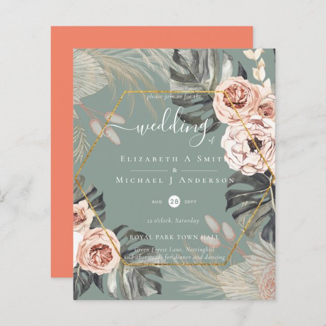 Casamento TROPICAL GRASS PAMPAS de baixo custo (Frente/Verso)