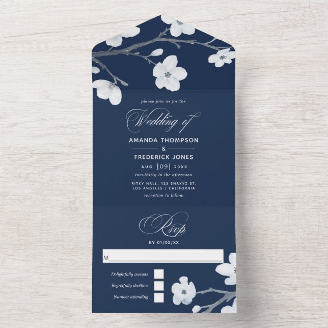 Casamento Tudo Em Azul Marinho e Flores de Cerejei (Interno)