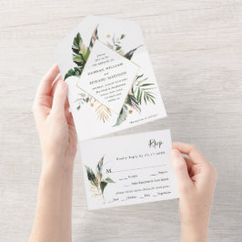 Casamento Verde com Folhagem de Aquarelas Tropicai