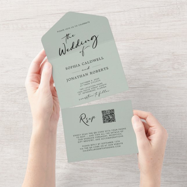 Casamento Verde de Sage Sage com RSVP de Código QR (Aba destacável)