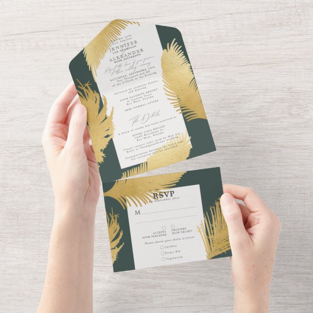 Casamento Verde Dourado Tropical Escuro de Palm Mo (Aba destacável)