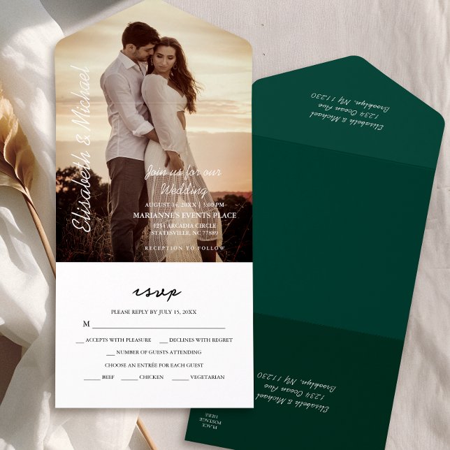 Casamento Verde Elegante de Foto Moderna Emerald (Simplify your wedding with our all-in-one invitation – convenience and beauty in a single card.)