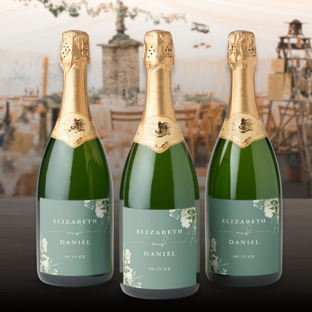 Casamento Verde Eucalyptus, Elegante Floral (Greenery Floral Elegant Eucalyptus Green Wedding Sparkling Wine Label)