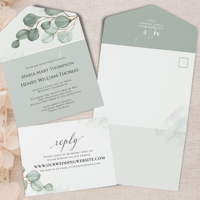 Casamento Verde Eucalyptus Greenery Elegante (Wedding invitation all in one style.)