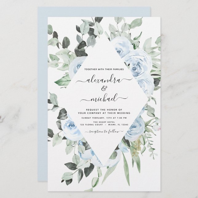 Casamento Verde Floral Azul Dusty (Frente/Verso)