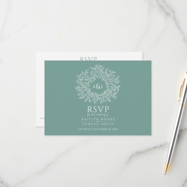 Casamento verde RSVP com monograma desenhado à mão (Frente/Verso In Situ)