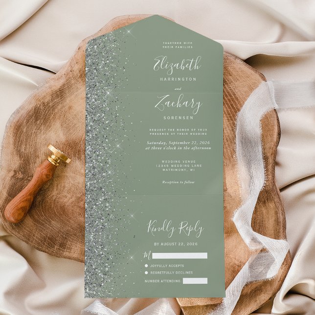 Casamento Verde Sage Moderno com Brilho Prateado (Criador carregado)