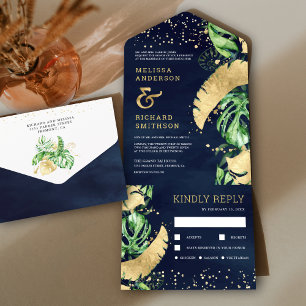 Casamento Verde Tropical Ouro Monstera Azul-Navy